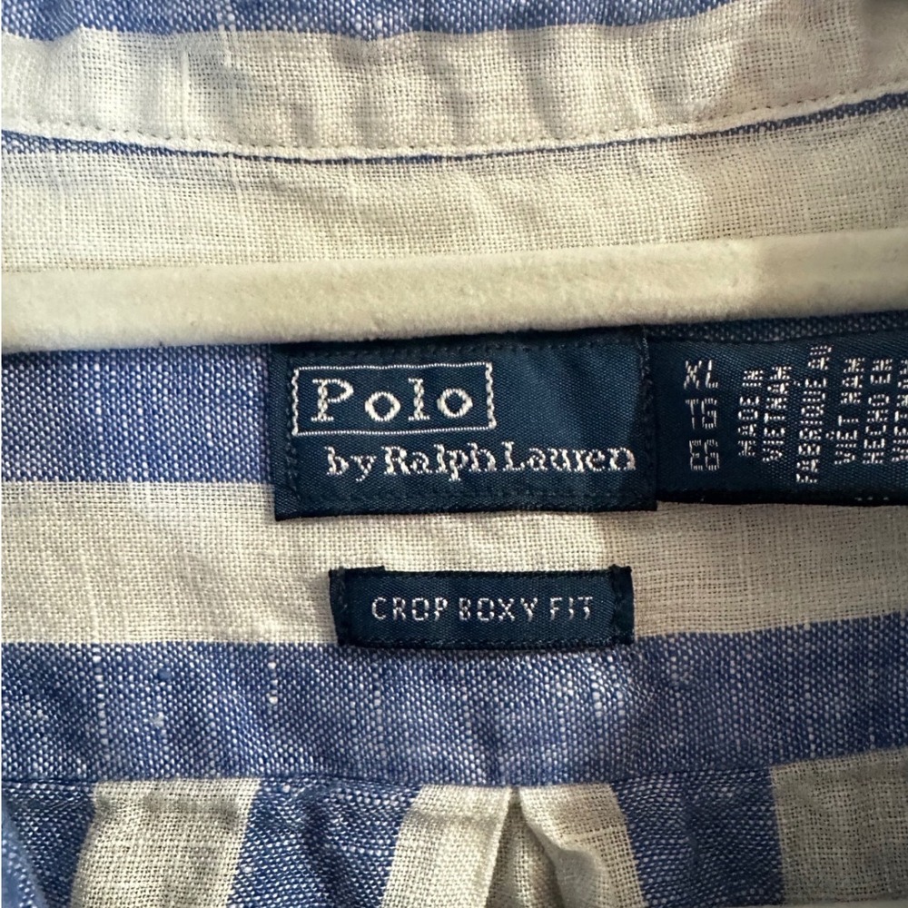 Polo Ralph Lauren Blue White Striped Linen Shirt Crop Boxy Fit XL - Picture 3 of 14